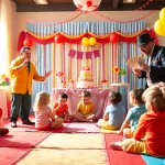 Birthday party entertainers delighting children with magic tricks and joy at a colorful event.