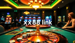 Experience thrilling games at the xx88 link casino with vibrant tables, cards, and roulette wheels.