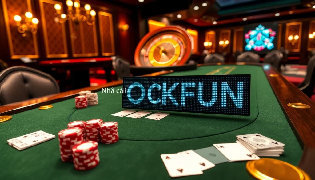 Engaging poker scene at Nhà cái OKFUN featuring stylish cards and vibrant chips.