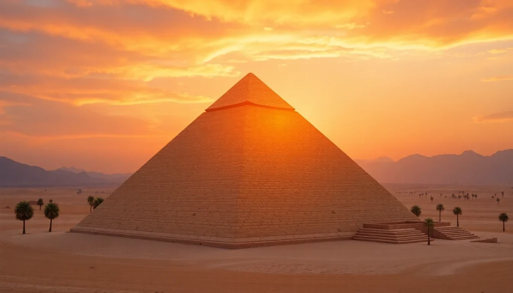 Piraminds glowing under the sunset, showcasing majestic architecture against a vibrant sky.