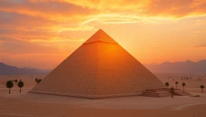 Piraminds glowing under the sunset, showcasing majestic architecture against a vibrant sky.