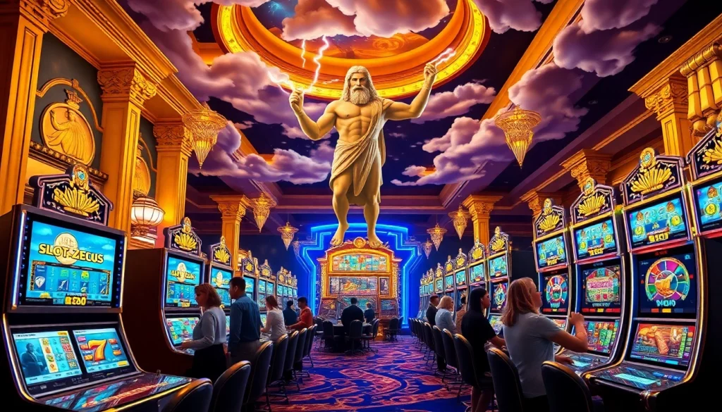 Rasakan sensasi slot Zeus dengan sosok Zeus yang megah dikelilingi oleh elemen kasino yang ramai.