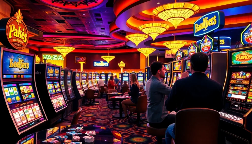 Excited players engaging with SLOT machines in a luxurious casino atmosphere.