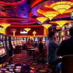 Excited players engaging with SLOT machines in a luxurious casino atmosphere.
