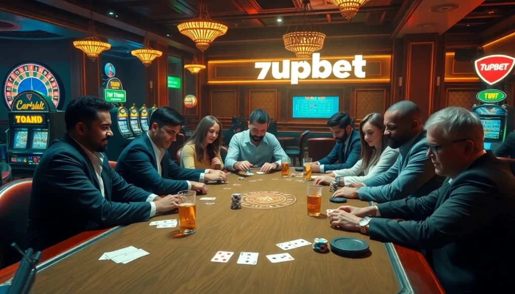 Engage with thrilling poker action and digital elements of 7upbet in a luxurious casino scene.