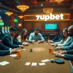 Engage with thrilling poker action and digital elements of 7upbet in a luxurious casino scene.