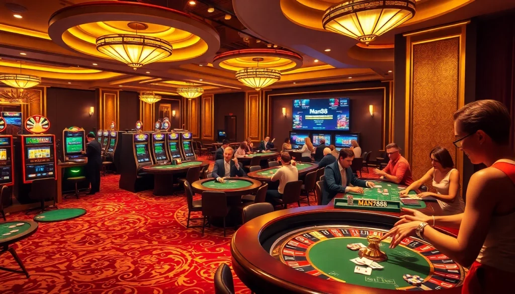 Man88 showcases a vibrant casino scene with excited gamblers at tables, highlighting luxurious gaming.