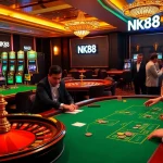 Engaged players at NK88 casino table, showcasing thrilling poker action and vibrant slot machines.