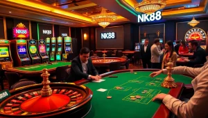 Engaged players at NK88 casino table, showcasing thrilling poker action and vibrant slot machines.