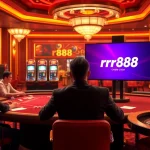 A thrilling poker game at the nhà cái rr88 casino, featuring intense players and vibrant slot machines.