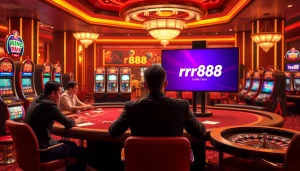 A thrilling poker game at the nhà cái rr88 casino, featuring intense players and vibrant slot machines.