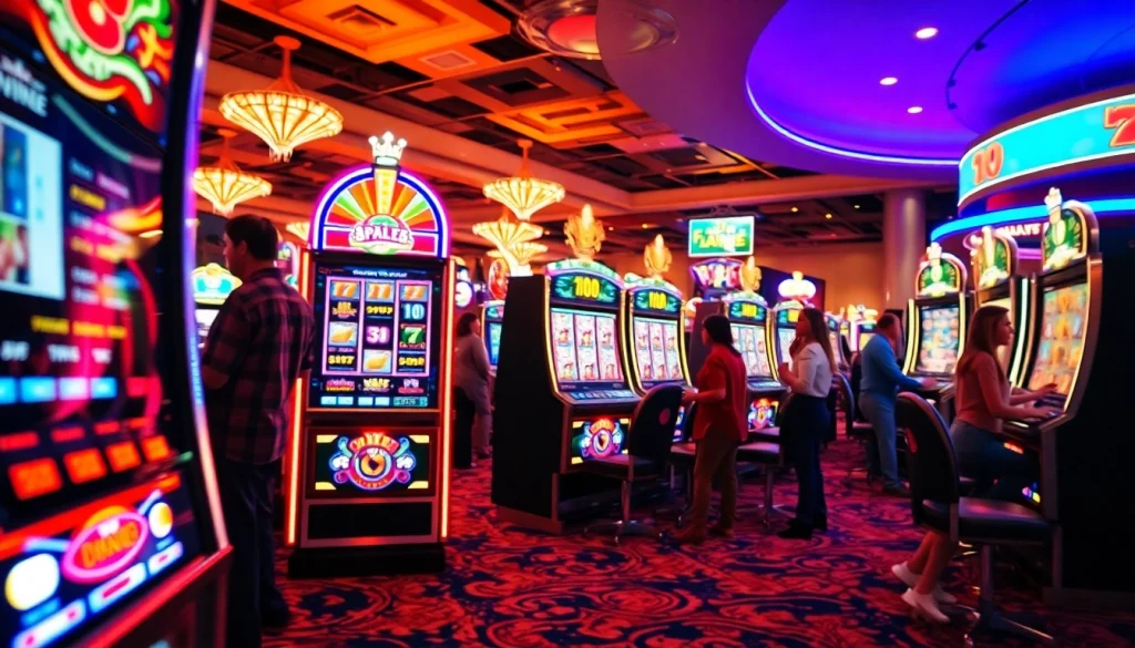 Slot depo 1k on a vibrant casino floor with bright lights and excited players.