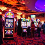Slot depo 1k on a vibrant casino floor with bright lights and excited players.