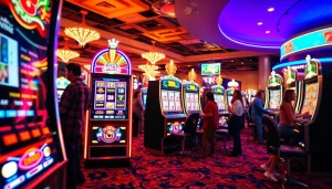 Slot depo 1k on a vibrant casino floor with bright lights and excited players.