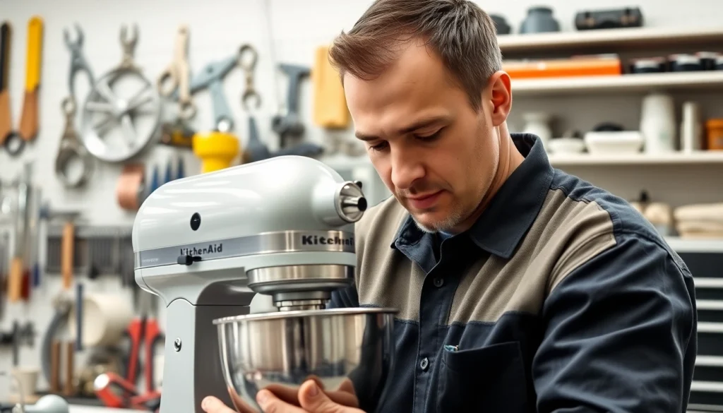 kitchenaid appliance repair ottawa expert technician working on a KitchenAid mixer in a bright, professional setting