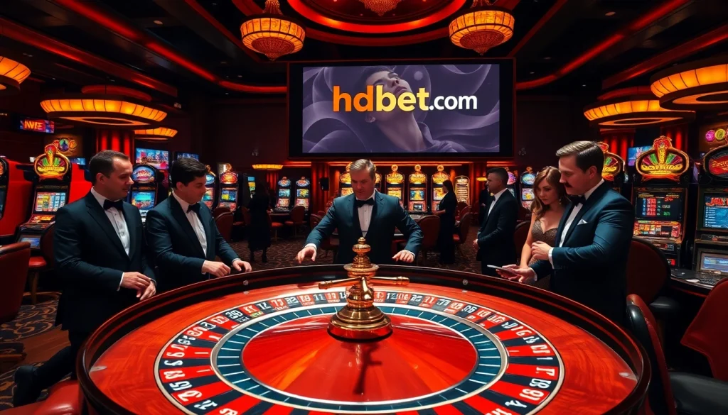 Experience the thrill of betting on hdbet.com with a vibrant casino scene featuring roulette tables.