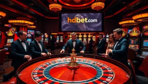 Experience the thrill of betting on hdbet.com with a vibrant casino scene featuring roulette tables.