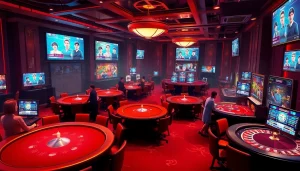 Experience the excitement of ev88win.live with our engaging online casino illustration, featuring diverse players and luxurious gaming tables.