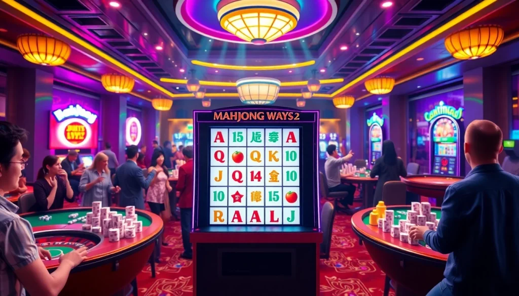 Experience Mahjong Ways 2 slot machine with vibrant colors, excited players, and classic casino elements.