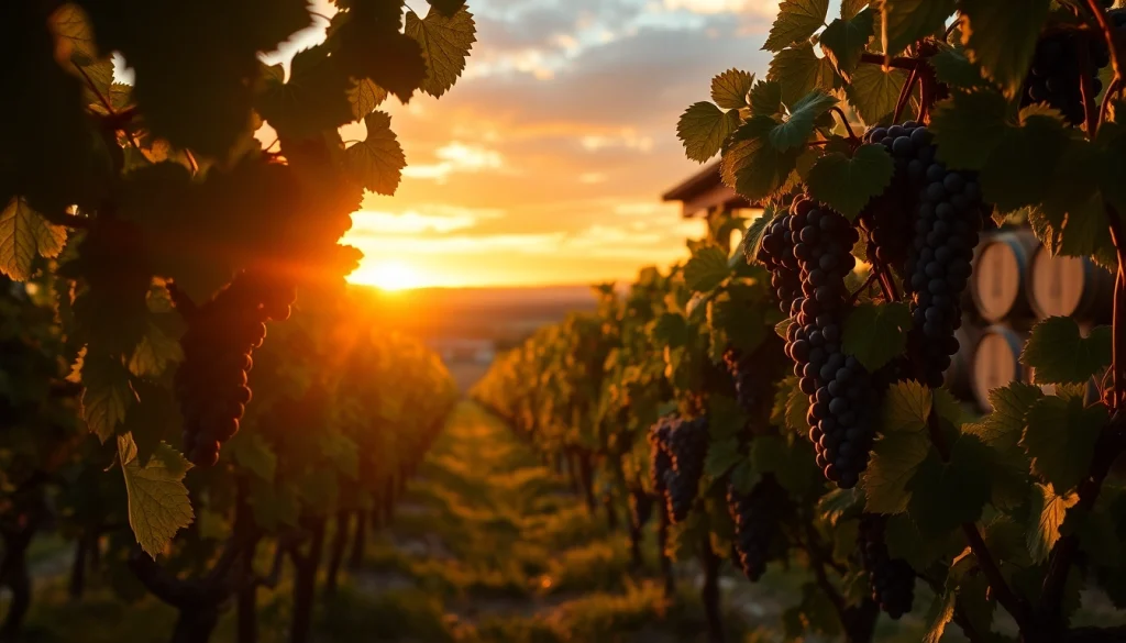 Experience the beauty of Winery Sacramento with a vibrant vineyard sunset and rustic tasting room.