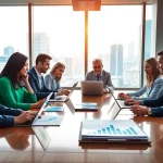 Analyze growth strategy trends during a professional meeting with diverse team members.
