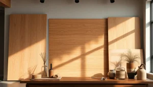 Showcasing wood veneer hub panels with elegant design elements in a modern interior.
