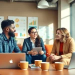 Engaging discussion during a business coaching service session, showcasing collaboration and motivation.