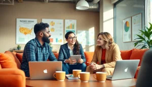 Engaging discussion during a business coaching service session, showcasing collaboration and motivation.