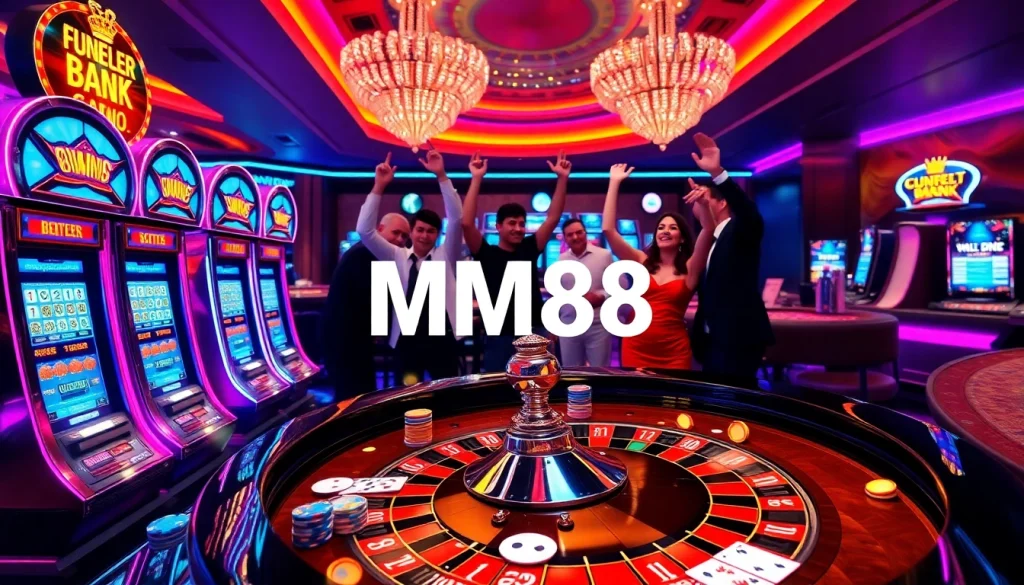 MM88 slot machines and roulette table creating an exciting gambling atmosphere.