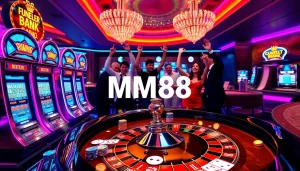 MM88 slot machines and roulette table creating an exciting gambling atmosphere.