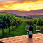 Tasting wine at clarksburg wineries with lush grapevines and scenic sunset.