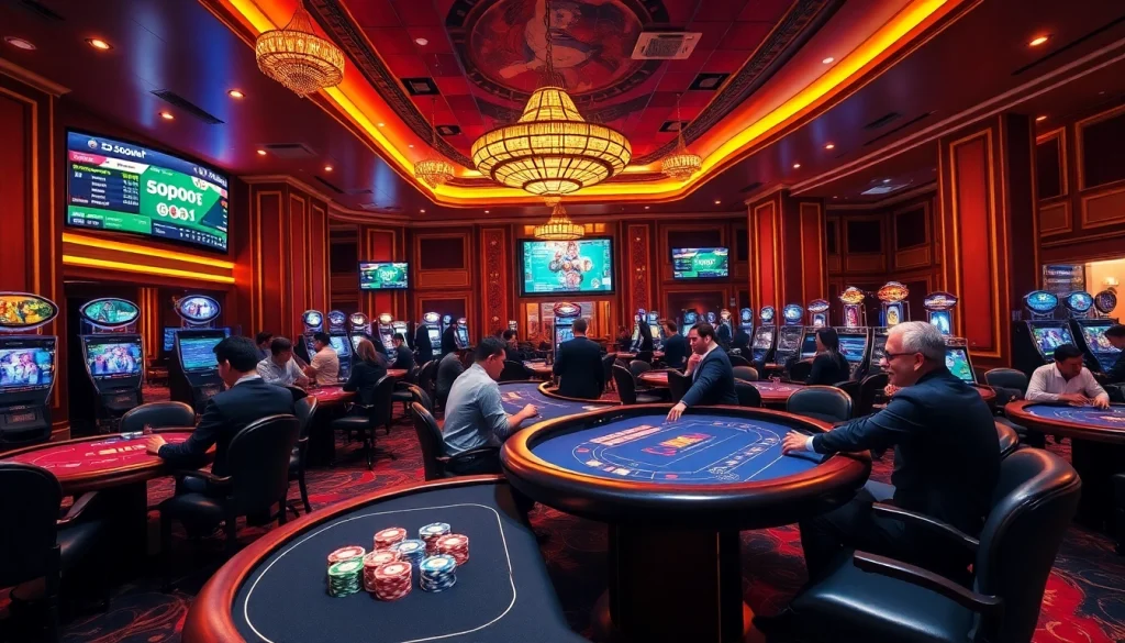 Sbobet betting table with colorful chips and cards in an elegant casino atmosphere.