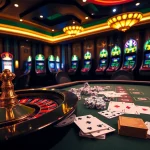 Experience the thrill of helo88 with a luxurious casino setting featuring poker chips and a roulette wheel.