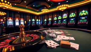 Experience the thrill of helo88 with a luxurious casino setting featuring poker chips and a roulette wheel.