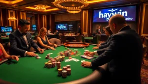 Experience the thrilling atmosphere of haywin casino with high-stakes poker action and elegant players.