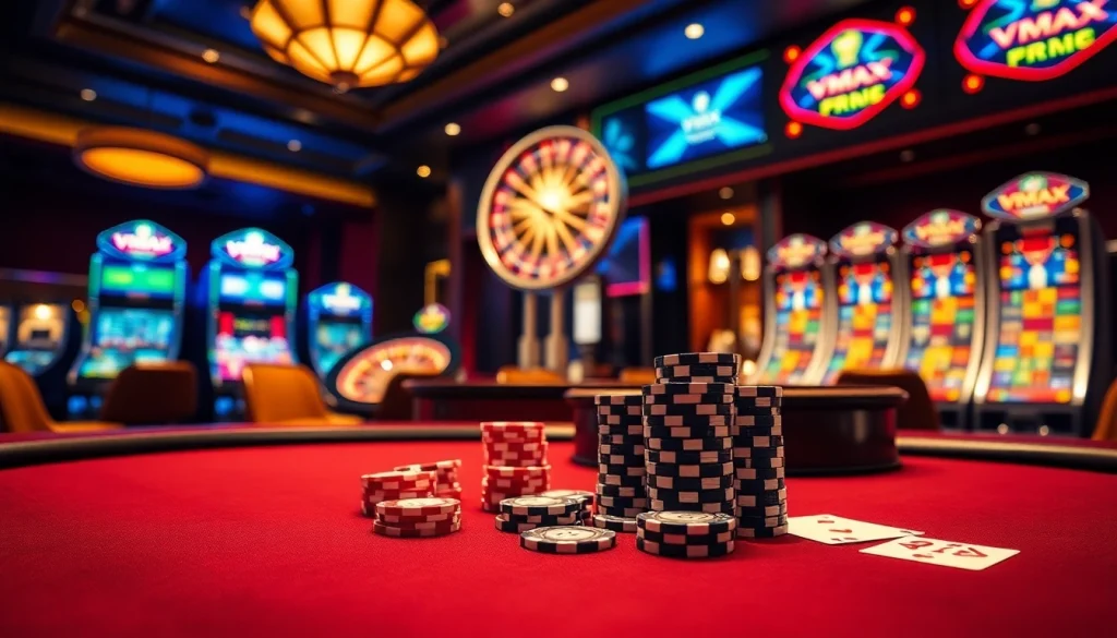 VMAX poker chips on an elegant casino table, emphasizing luxury and excitement in gambling.