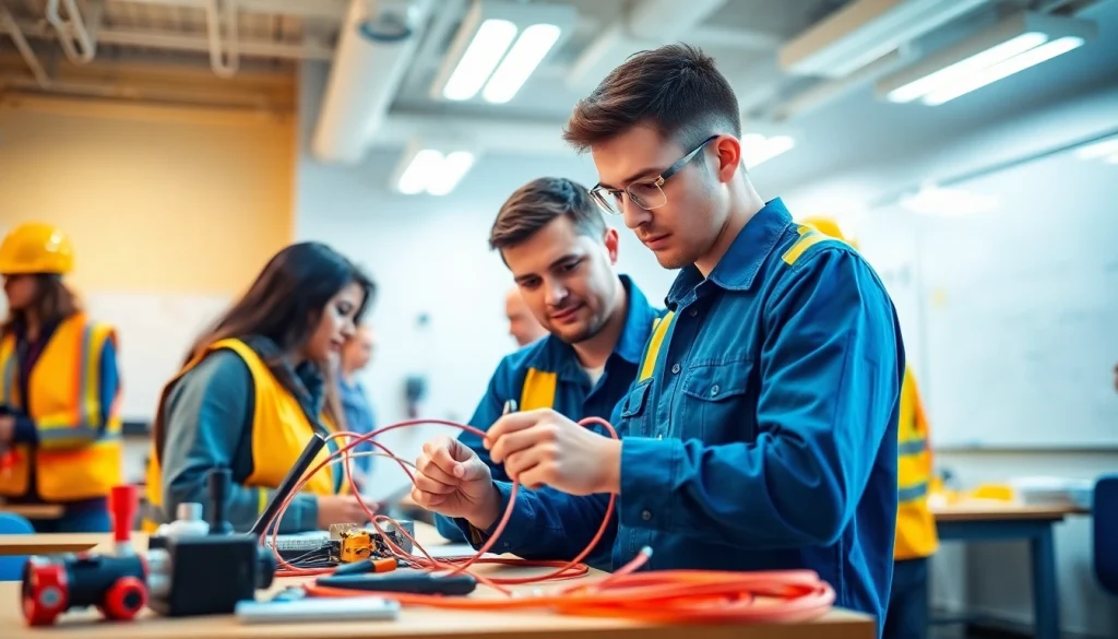 Learn practical skills at an electrician trade school Colorado with students collaborating on projects.