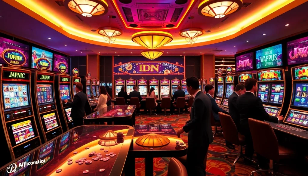 Players enjoy immersive idn slot games surrounded by vibrant casino visuals.