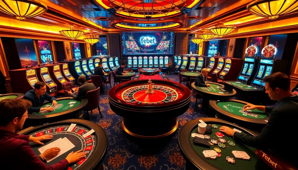Experience thrilling gameplay with app febet in a luxurious casino, featuring poker, roulette, and slot machines.