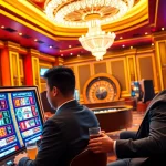 Players enjoying slot deposit pulsa at a luxurious casino with bright neon lights.