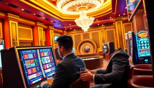 Players enjoying slot deposit pulsa at a luxurious casino with bright neon lights.