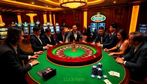 Experience high-stakes gaming at a casino with LUCKYWIN roulette excitement and colorful slots.