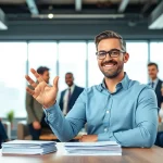 Engaging founder leadership insights with a confident leader inspiring a diverse team in a modern office.