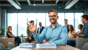 Engaging founder leadership insights with a confident leader inspiring a diverse team in a modern office.