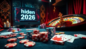 Experience thrilling gameplay at a casino table with 'hidden wiki 2026' links, showcasing poker chips and vibrant cards.