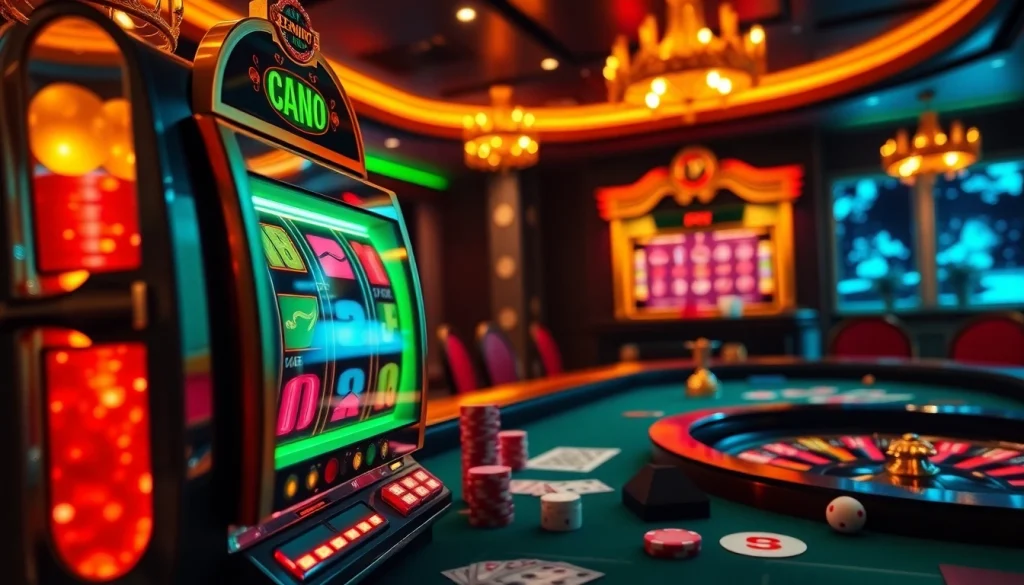 Adegan yang menarik menampilkan slot depo 5K dengan mesin slot berwarna-warni, chip poker, dan rolet untuk sensasi kasino.