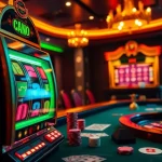 Adegan yang menarik menampilkan slot depo 5K dengan mesin slot berwarna-warni, chip poker, dan rolet untuk sensasi kasino.