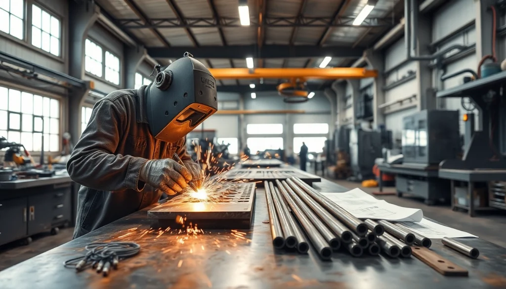 Crafting custom steel fabrication with skilled artisans and modern tools in a professional workshop.