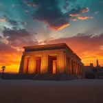 View of a majestic piramind highlighted by sunset reflections.