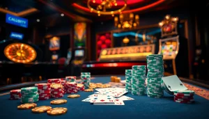 Experience high-stakes gambling with poker chips and cards at https://rikvip368.com casino table.